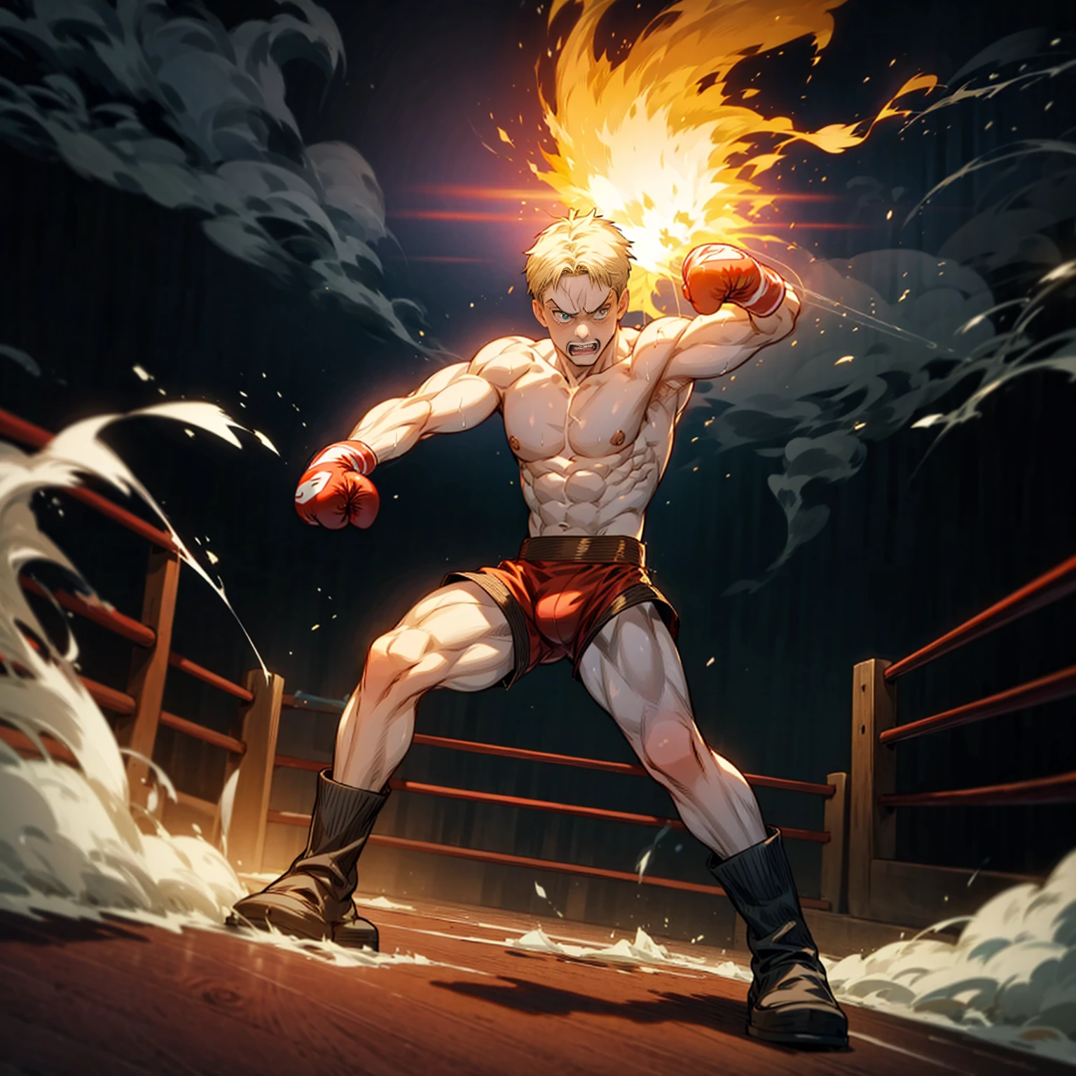 1boy, Full body version, 1character, blue eyes color, tan skin, short hairstyle, blonde colour hair, muscle, Boxing outfit clothing, boots, naked, Topless, Grassroots background in ring boxing, motion blur, (one piece style art), shadow, no weapon, boxing gloves, Plasma effect, smoke effect, fire effect, lighting eyes, angry, angry eyes, angry mouth, wind effect, fire effect, smoke, Shouting gesture, fire in hand