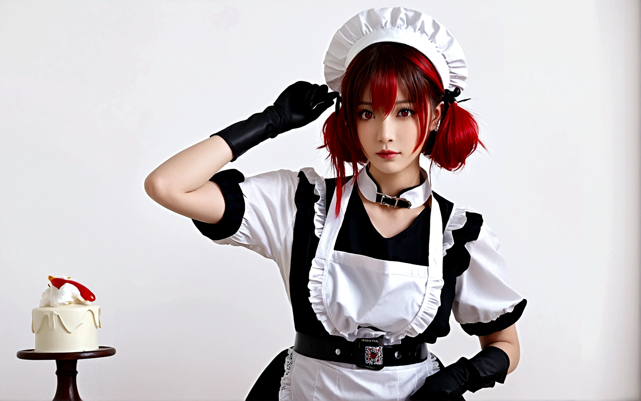 1girl, solo, breasts, looking at viewer, short hair, bangs, large breasts, simple background, black hair, hair ornament, red eyes, gloves, hat, white background, dress, closed mouth, tail, short sleeves, red hair, multicolored hair, hairclip, puffy sleeves, belt, white gloves, apron, black dress, arm up, two-tone hair, puffy short sleeves, maid, monster girl, white apron, buckle, maid apron, colored inner hair, tail ornament, fish tail