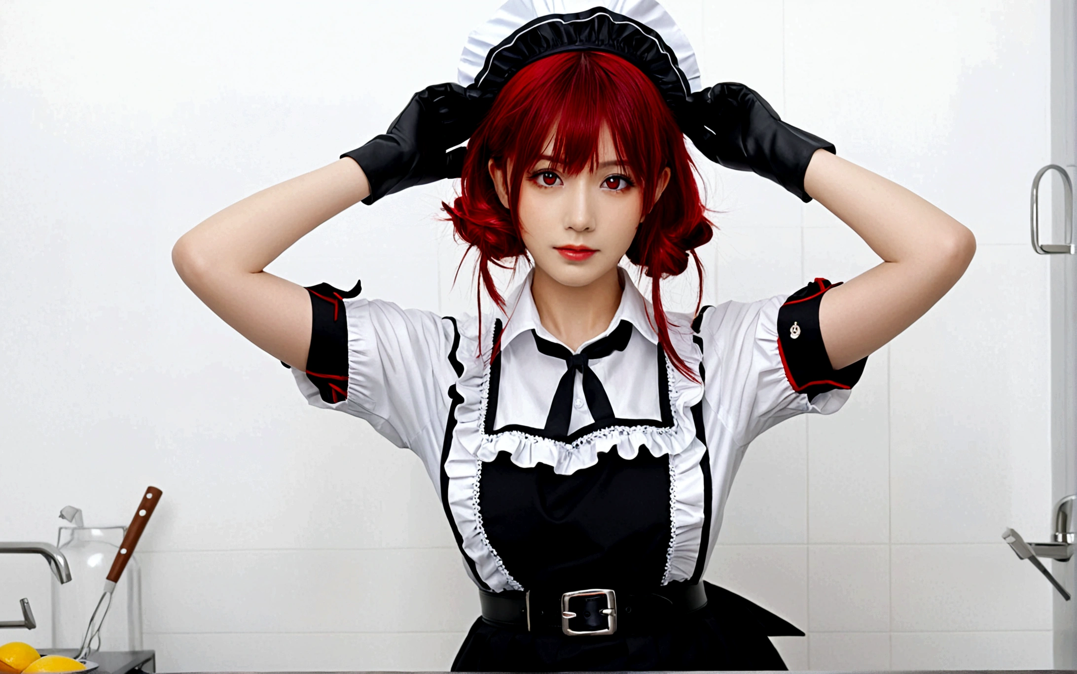 1girl, solo, breasts, looking at viewer, short hair, bangs, large breasts, simple background, black hair, hair ornament, red eyes, gloves, hat, white background, dress, closed mouth, tail, short sleeves, red hair, multicolored hair, hairclip, puffy sleeves, belt, white gloves, apron, black dress, arm up, two-tone hair, puffy short sleeves, maid, monster girl, white apron, buckle, maid apron, colored inner hair, tail ornament, fish tail