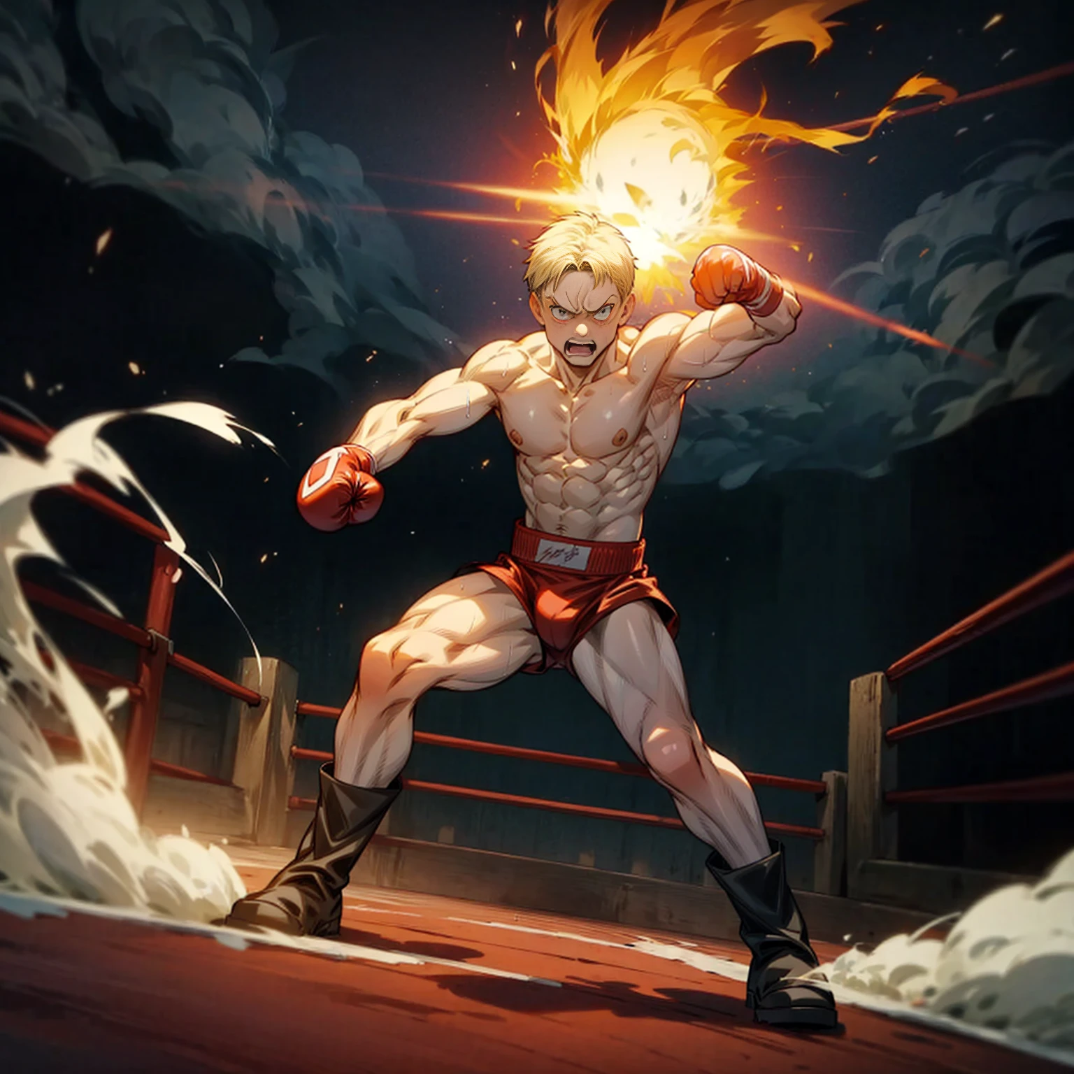 1boy, Full body version, 1character, blue eyes color, tan skin, short hairstyle, blonde colour hair, muscle, Boxing outfit clothing, boots, naked, Topless, Grassroots background in ring boxing, motion blur, (one piece style art), shadow, no weapon, boxing gloves, Plasma effect, smoke effect, fire effect, lighting eyes, angry, angry eyes, angry mouth, wind effect, fire effect, smoke, Shouting gesture, fire in hand