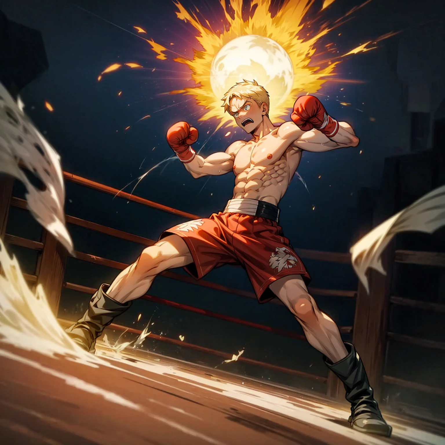 1boy, Full body version, 1character, blue eyes color, tan skin, short hairstyle, blonde colour hair, muscle, Boxing outfit clothing, boots, naked, Topless, Grassroots background in ring boxing, motion blur, (one piece style art), shadow, no weapon, boxing gloves, Plasma effect, smoke effect, fire effect, lighting eyes, angry, angry eyes, angry mouth, wind effect, fire effect, smoke, Shouting gesture, fire in hand