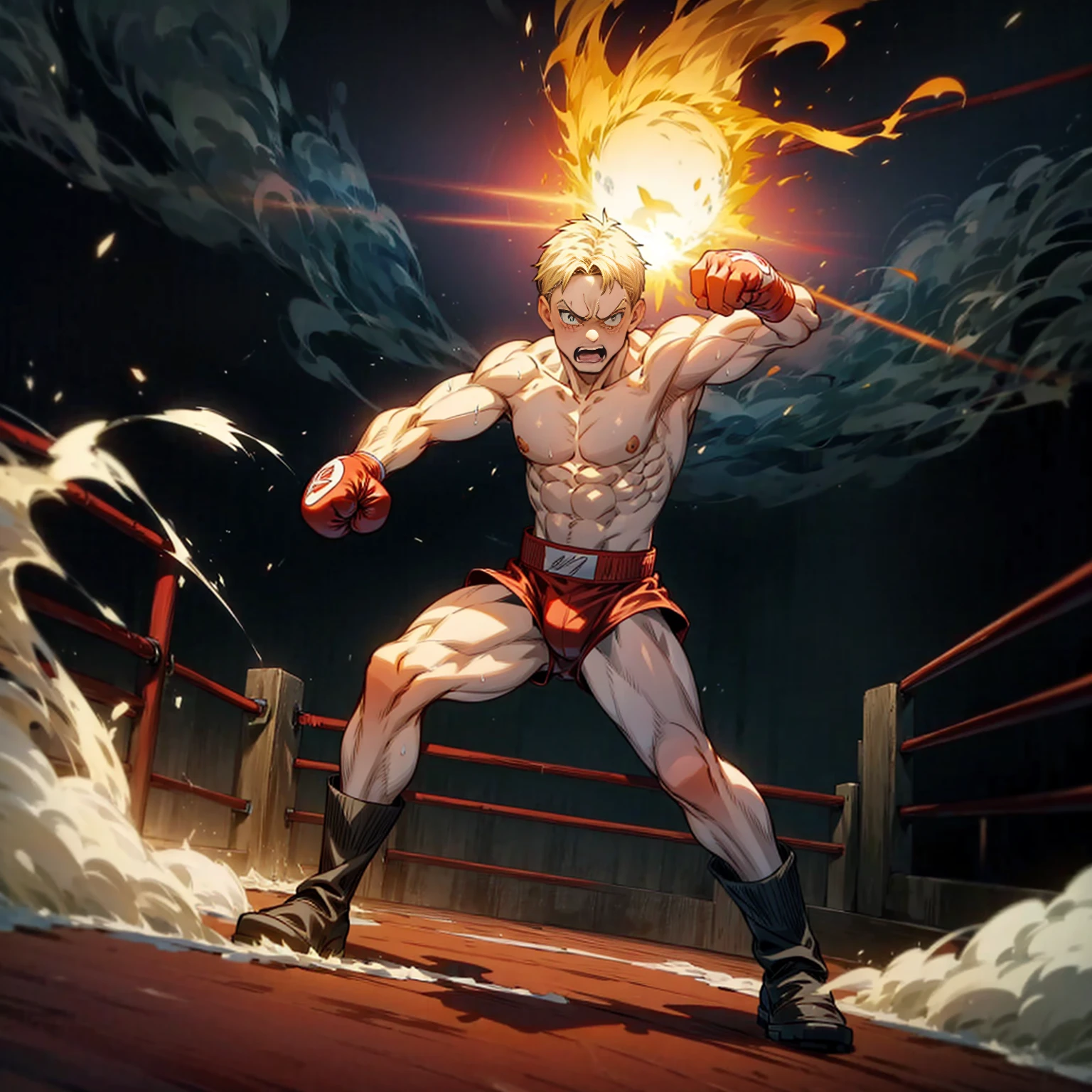 1boy, Full body version, 1character, blue eyes color, tan skin, short hairstyle, blonde colour hair, muscle, Boxing outfit clothing, boots, naked, Topless, Grassroots background in ring boxing, motion blur, (one piece style art), shadow, no weapon, boxing gloves, Plasma effect, smoke effect, fire effect, lighting eyes, angry, angry eyes, angry mouth, wind effect, fire effect, smoke, Shouting gesture, fire in hand