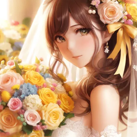 close up portrait of woman holding bouquet of flowers, beautiful anime girl, beautiful anime woman, cute anime girl, beautiful a...