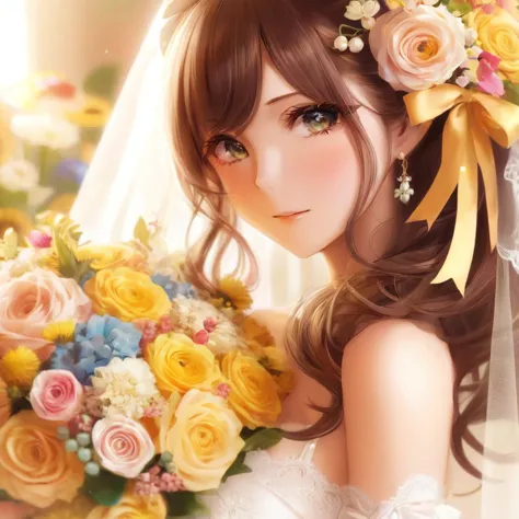 Close up portrait of woman holding bouquet of flowers, Beautiful Anime girl, Beautiful Anime woman, Cute Anime Girl, Beautiful A...