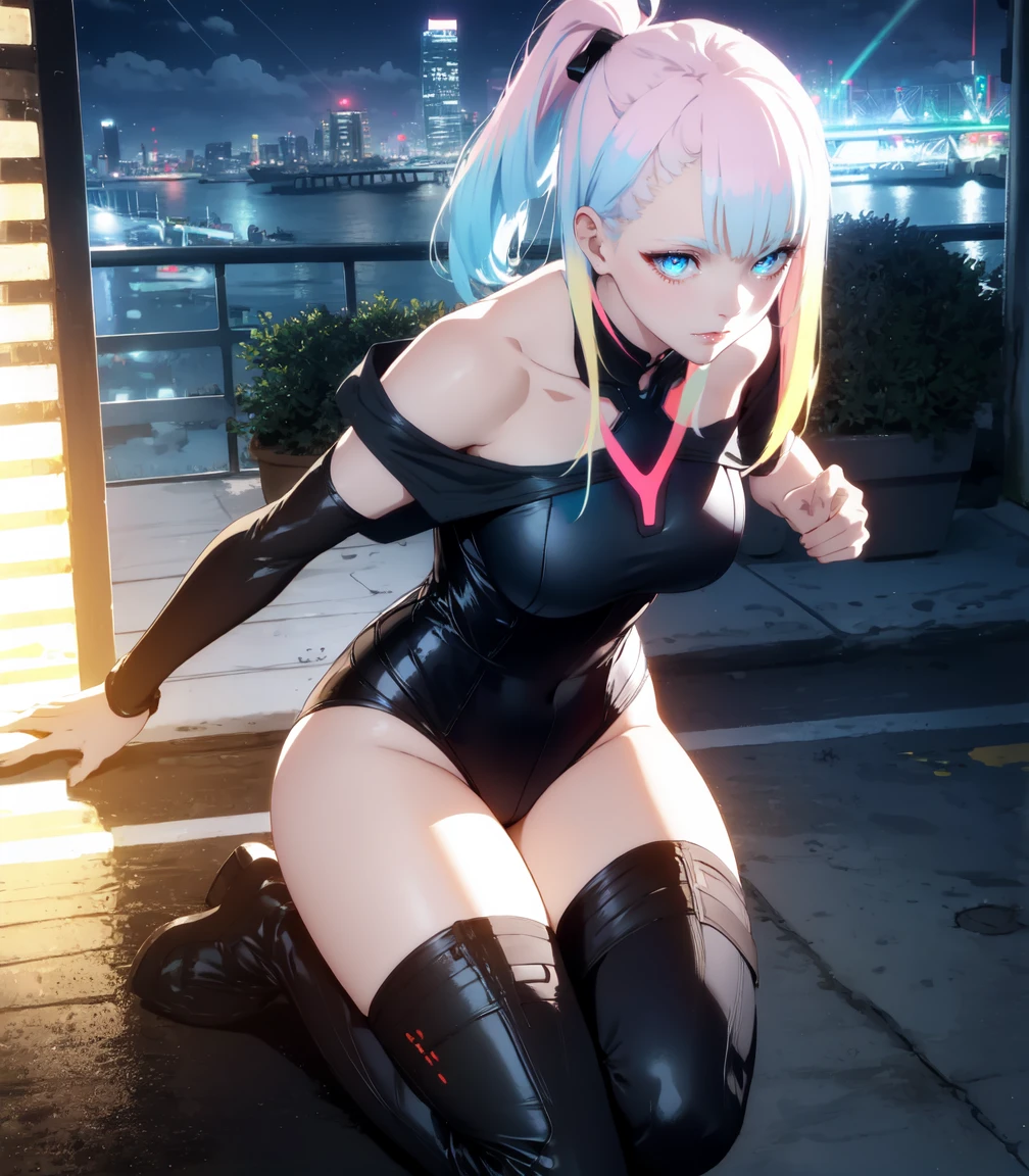 Masterpiece, best quality, 16k resolution, NVIDIA RTX Ray Tracing technology, Create a 4K resolution, ultra-realistic, and extremely detailed artwork, award winning, retina, soft light, sharp focus.(hyper-realistic:1.4),  (full body:1.5), (Night, night time:1.4), from above

cyberpunklucy, lucy, short hair, bangs, blue eyes, blue hair, multicolored hair, makeup, (multicolored eyes:1.3), smile, model pose, modeling, squating

BREAK bare hips, bodysuit, leotard, monowire, off shoulder, off-shoulder open clothes, MIDRIFF

BREAK outdoors, city, moon, night, sky, clouds,

sexy, Sexy, smooth perfect skin, smooth_skin

Beautiful、(red blush)、Sexy

FULL BODY SHOT, ultra wide angle, textured skin, face detail, clean skin, perfect hands, perfect anatomy, anatomically correct,

(Realistic park:1.3)