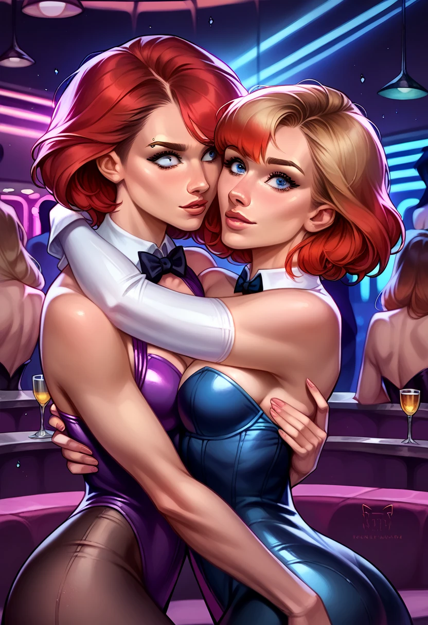 score_9, score_8_up, score_7_up, score_6_up, score_5_up, (high quality, detailed, beautiful), detailed soft lighting, 2girls, (short hair Gwen Stacy:1.0), (MJ Watson, long flowing hair, red hair:1.0), nightclub, neon lights, dancing, embracing, grinding, (big eyes, open eyes, beautiful eyes), tight clothes, reach around, groping,