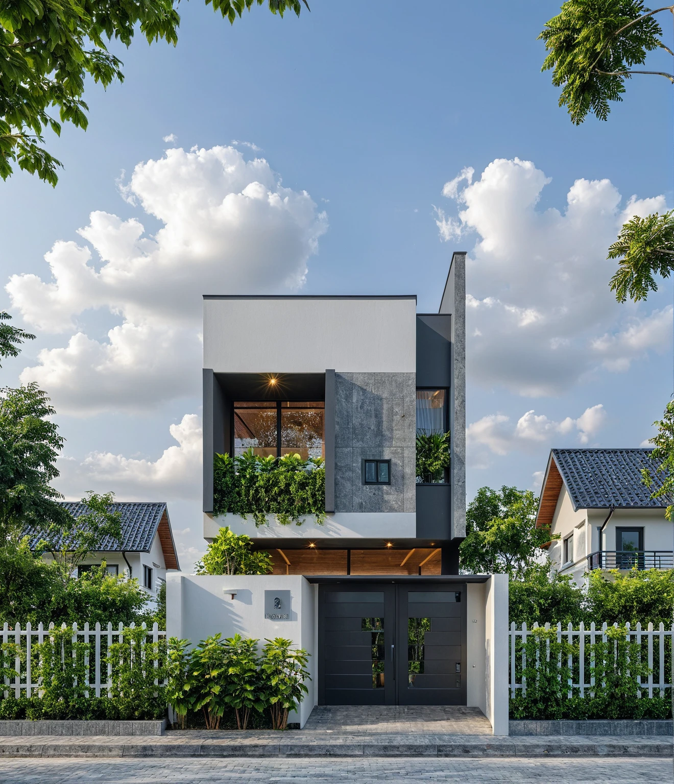 Raw photo, masterpiece, high quality, best quality, realistic, super detailed, outdoor, " 2-storey house " , modern Mezzanine house style, (white wall), curved wall facade, aluminum interior door glass, curved planter, gray tiled accent wall, gray iron box exterior gate, road, sidewalk, grass, trees, sky, clouds, (daylight):1.1)