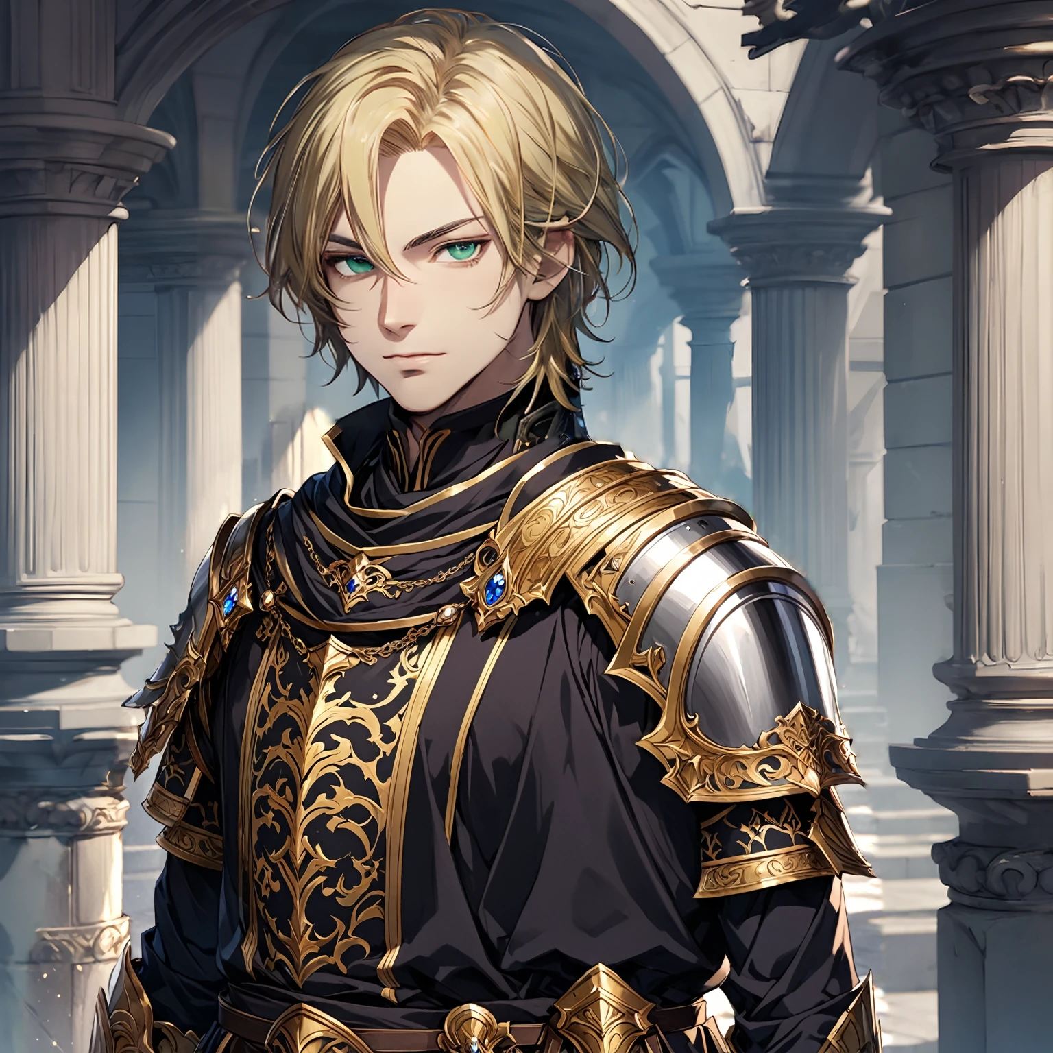 masterpiece, best quality, 1man, adult, male focus, solo, blonde hair, medium hair, vibrant black eyes, looking at viewer, closed mouth, Fantasy aesthetics, Highly detailed, shadowverse style, elite knight