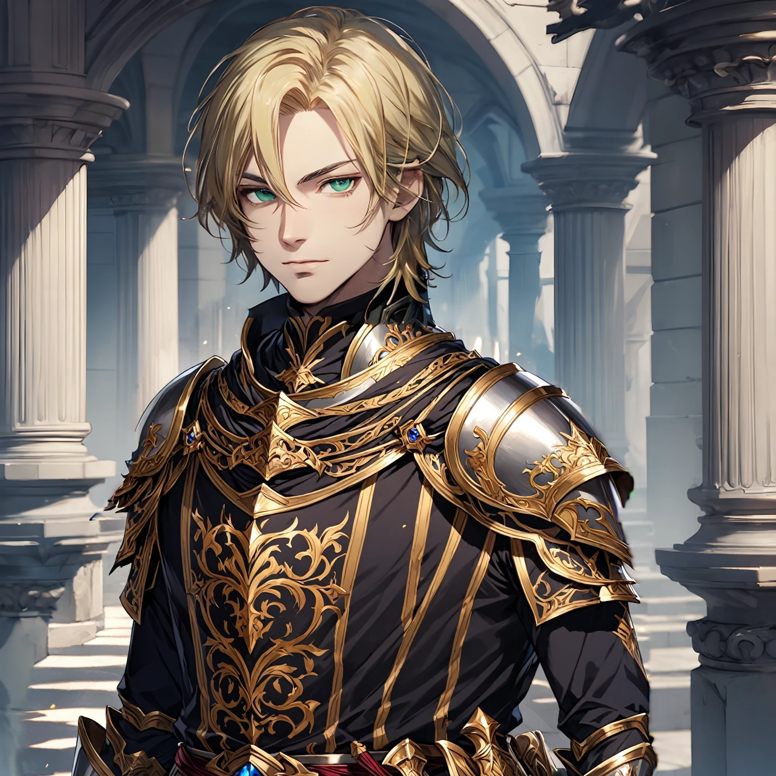 masterpiece, best quality, 1man, adult, male focus, solo, blonde hair, medium hair, vibrant black eyes, looking at viewer, closed mouth, Fantasy aesthetics, Highly detailed, shadowverse style, elite knight