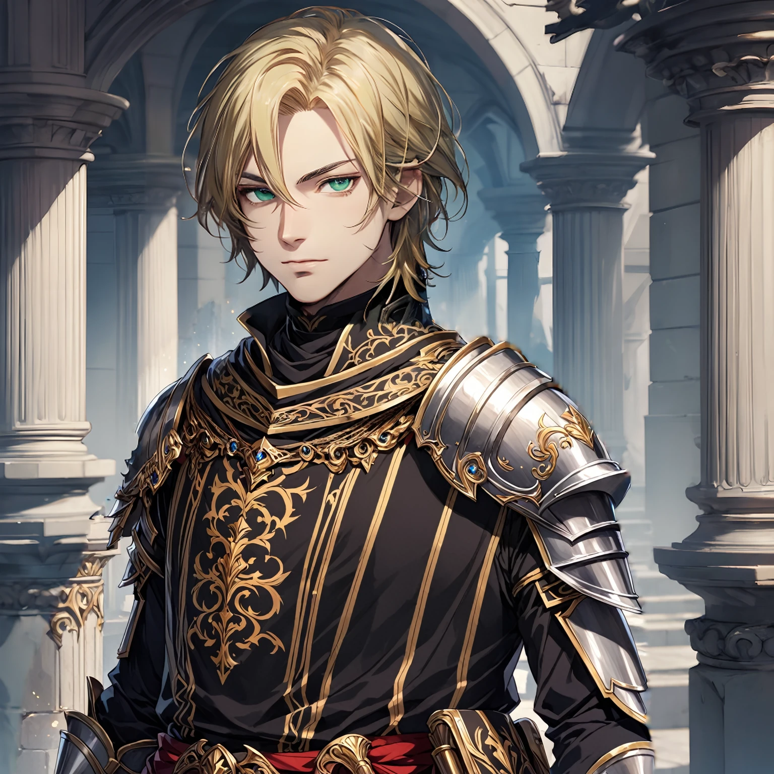 masterpiece, best quality, 1man, adult, male focus, solo, blonde hair, medium hair, vibrant black eyes, looking at viewer, closed mouth, Fantasy aesthetics, Highly detailed, shadowverse style, elite knight