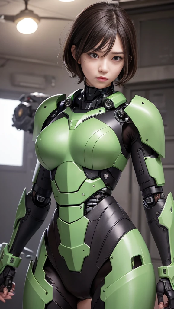 Piel áspera, Muy detallado, Detalles avanzados, alta calidad, 最alta calidad, Alta resolución, 1080p, disco duro, Hermoso,(Maquina de guerra),Hermosoサイボーグのmujer性,Chica Cyborg Mecha Verde Oscuro,En combate,メカボディ少mujer,、mujer　cabello corto　Pelo despeinado、Ojos marrones sudorosos、　Cara verdadera　　　Pelo castaño　((Sale vapor de mi cabeza))  I&#39;esperando con ansias　manos desnudas