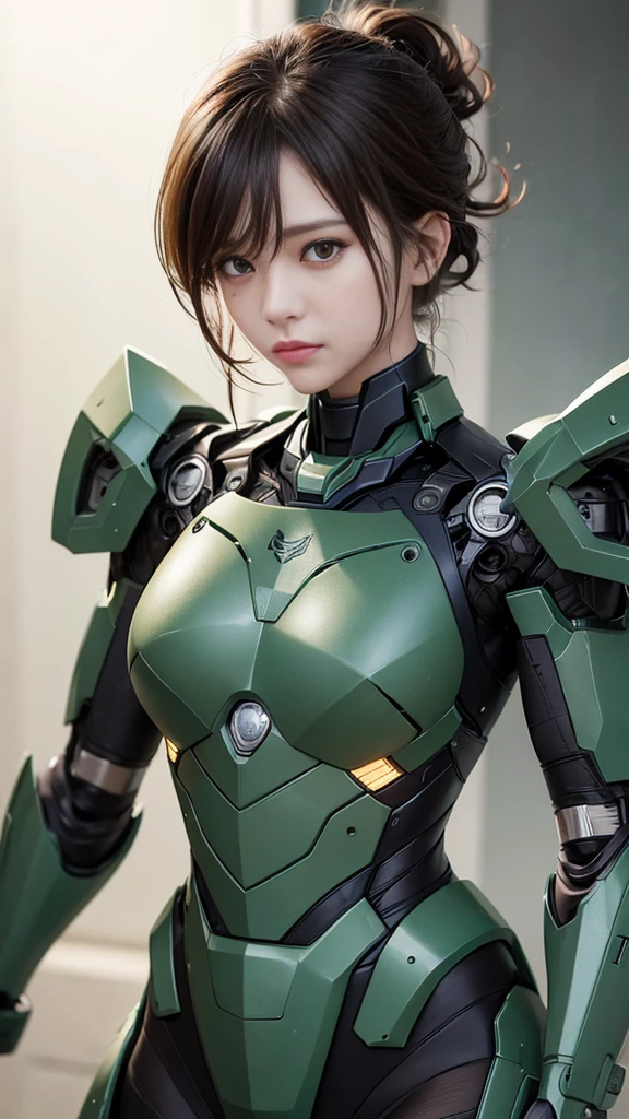 Rough skin, Very detailed, Advanced Details, high quality, 最high quality, High resolution, 1080P, hard disk, beautiful,(War Machine),beautifulサイボーグのwoman性,Dark Green Mecha Cyborg Girl,In combat,メカボディ少woman,、woman　short hair　Messy Hair、Sweaty brown eyes、　True Face　　　Brown Hair　((Steam coming out of my head))  I&#39;looking forward to it　bare hands