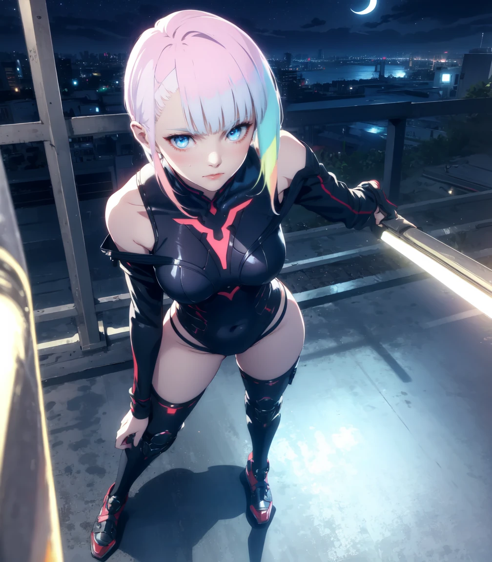 Masterpiece, best quality, 16k resolution, NVIDIA RTX Ray Tracing technology, Create a 4K resolution, ultra-realistic, and extremely detailed artwork, award winning, retina, soft light, sharp focus.(hyper-realistic:1.4),  (full body:1.5), (Night, night time:1.4), from above

cyberpunklucy, lucy, short hair, bangs, blue eyes, blue hair, multicolored hair, makeup, (multicolored eyes:1.3), smile, model pose, modeling, squating

BREAK bare hips, bodysuit, leotard, monowire, off shoulder, off-shoulder open clothes, MIDRIFF

BREAK outdoors, city, moon, night, sky, clouds,

sexy, Sexy, smooth perfect skin, smooth_skin

Beautiful、(red blush)、Sexy

FULL BODY SHOT, ultra wide angle, textured skin, face detail, clean skin, perfect hands, perfect anatomy, anatomically correct,

(Realistic park:1.3)