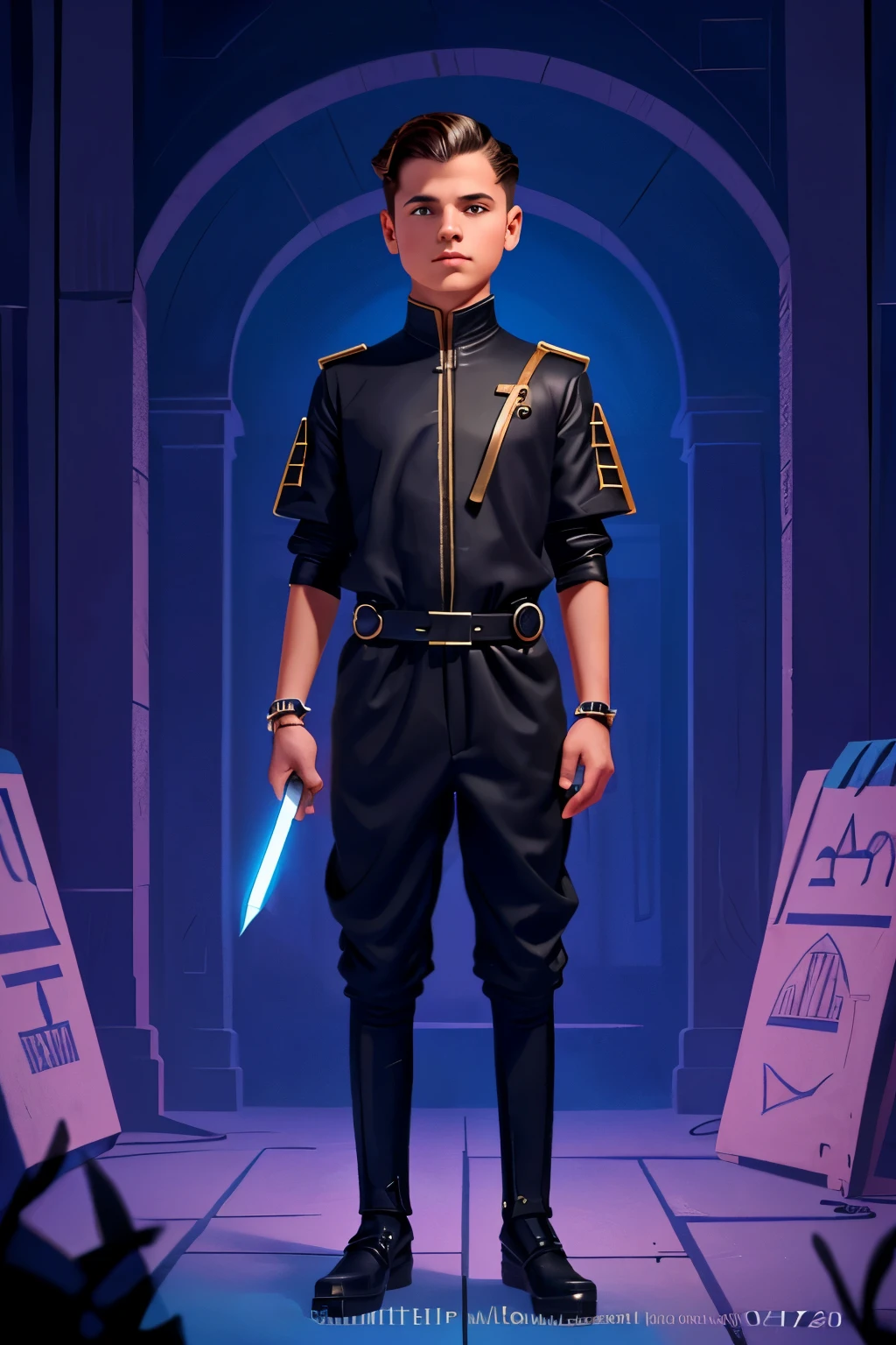 Futuristic Greek Republic, 2123. A young ((((17-year-old)) Vis)), boy, in an empty dungeon, ((((clothings from the 2120s)))), ((hairstyle of the 2120s))