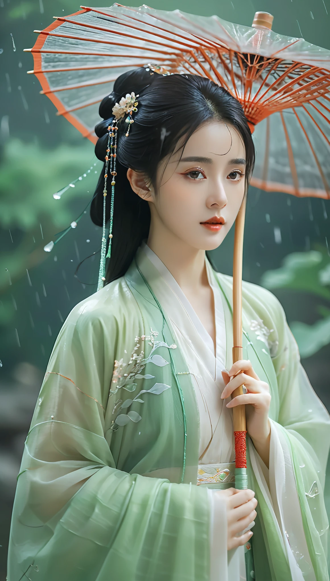 Masterpiece,8k,a Chinese style girl,oil-paper umbrella,hanfu,rain,light jade,ethereal Youhong,elegant,detailed design,chinese clothes,rain,light green tone,Textured skin,skin granules,