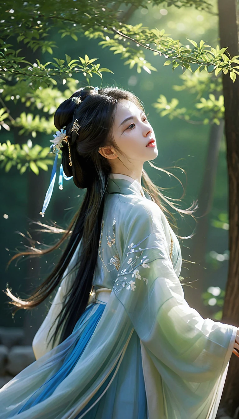 Textured skin, skin particles,1girl,hanfu,blue print,looking at view,outdoors,forest,sunlight passing through leaves,shrubs,flowers,wind blowing hair,light ray,(rimming light:1.3),