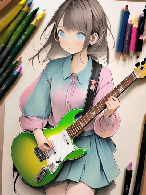 1girl,colored pencil, play guitar