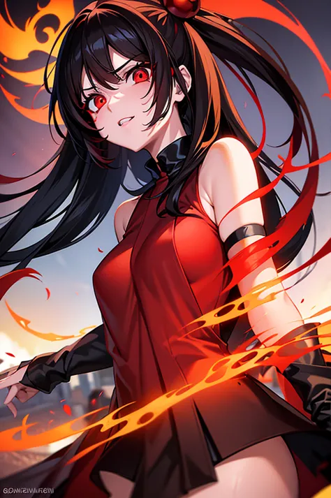 anime girl with red eyes and black hair in a city, with red glowing eyes, with glowing red eyes, detailed digital anime art, red...
