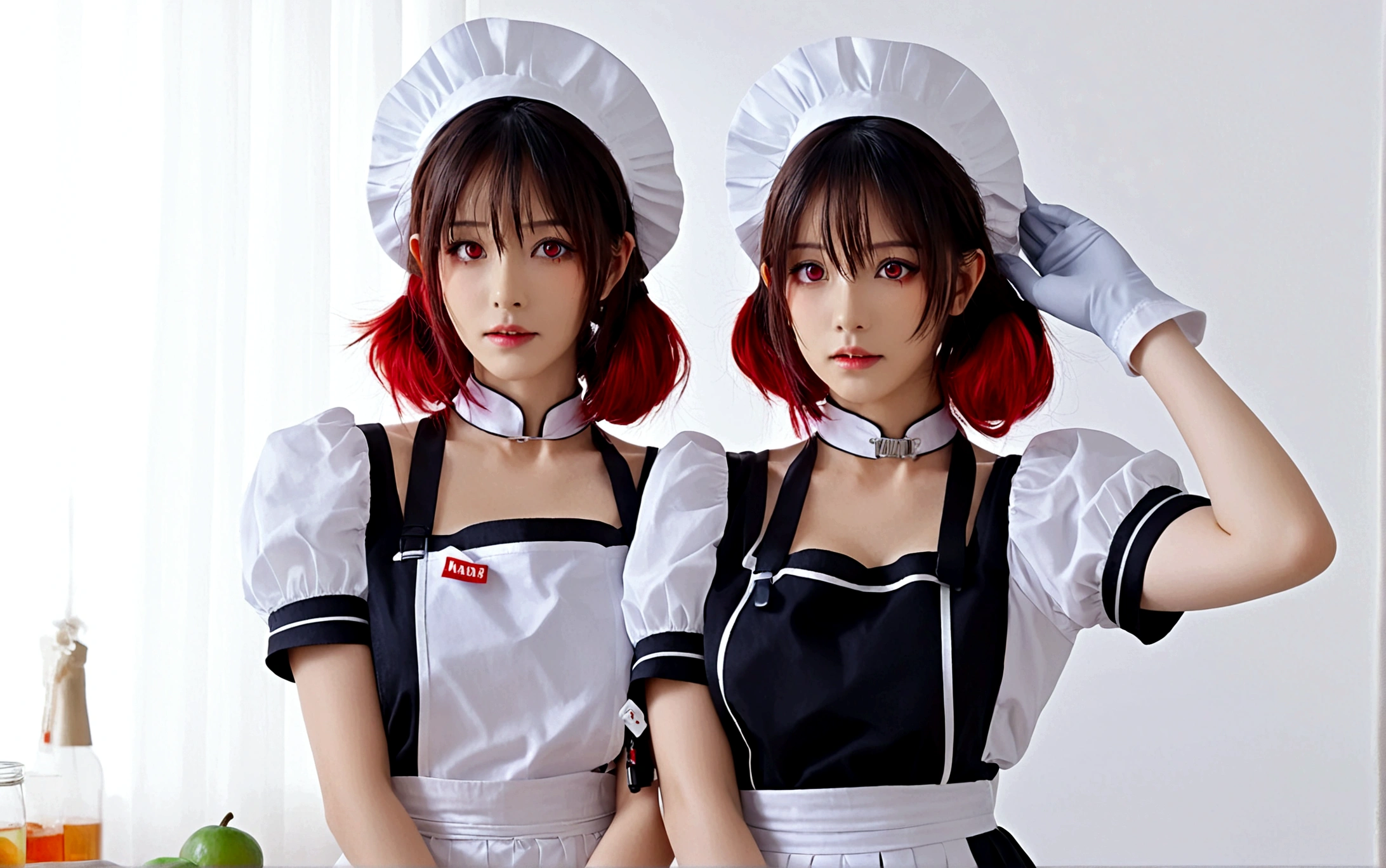 1girl, solo, breasts, looking at viewer, short hair, bangs, large breasts, simple background, black hair, hair ornament, red eyes, gloves, hat, white background, dress, closed mouth, tail, short sleeves, red hair, multicolored hair, hairclip, puffy sleeves, belt, white gloves, apron, black dress, arm up, two-tone hair, puffy short sleeves, maid, monster girl, white apron, buckle, maid apron, colored inner hair, Caudal fin，Shark tail fin，