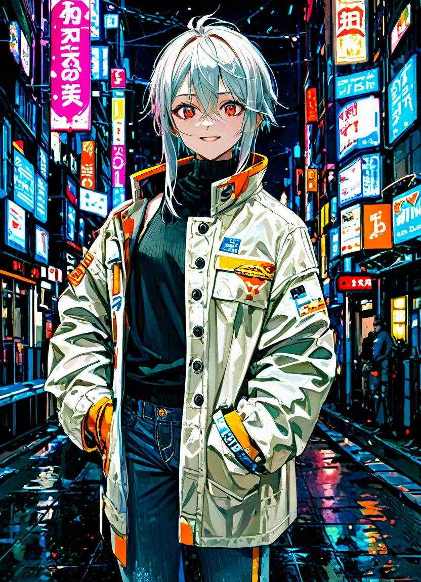 1girl, 15 years old, slim, small breasts, white hair, hairs between eyes, shoulder length hair, pale skin, bright red eye:1.3, white duffle coat and long-sleeve black sweater, open jacket, jeans, gold pocket watches hanging from the neck, 
BREAK 
kawaii, smile, cowboy shot, pose, 
(cyberpunk:1.3), city, neon light, (light particle:1.3), 
BREAK 
detailed face, smooth skin, cinematic lighting, volumetric shadow, 
BREAK 
score_9, score_8_up, score_7_up, (masterpiece:1.2), (best quality:1.2), (very aesthetic:1.2), (absurdres:1.2), (detailed background), newest, (intricate:1.2), ai-generated, 
BREAK