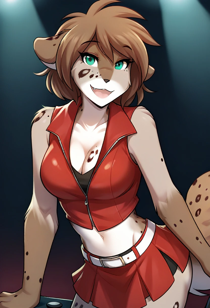 score_9, score_8_up, score_7_up, score_6_up, score_5_up, score_4_up, rating_explicit, source_furry, female, cute anthro female, cute face, detailed background, looking at viewer, solo, solo focus, (digital pen line-art, soft lines, soft shading, pinup, cartoon, anime:1.2), tkkathrin, keidran, mammal, spotted fur, teal eyes, anthro, MEIKO, short red sleeveless jacket with a black undershirt, midriff, cleavage, busty, stage, small red skirt held with a white belt, skin-tight shorts, microphone, singing