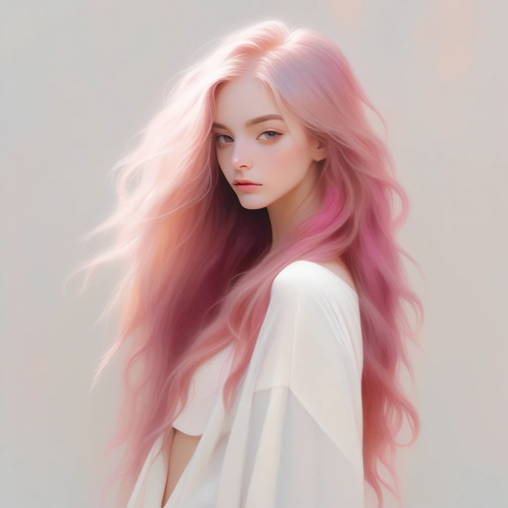 sexy cute pretty young girl,solo, portrait,Amaranth simple background,long wavy hair, Dirty iridescent pink hair, realistic, (masterpiece,best quality,niji style)