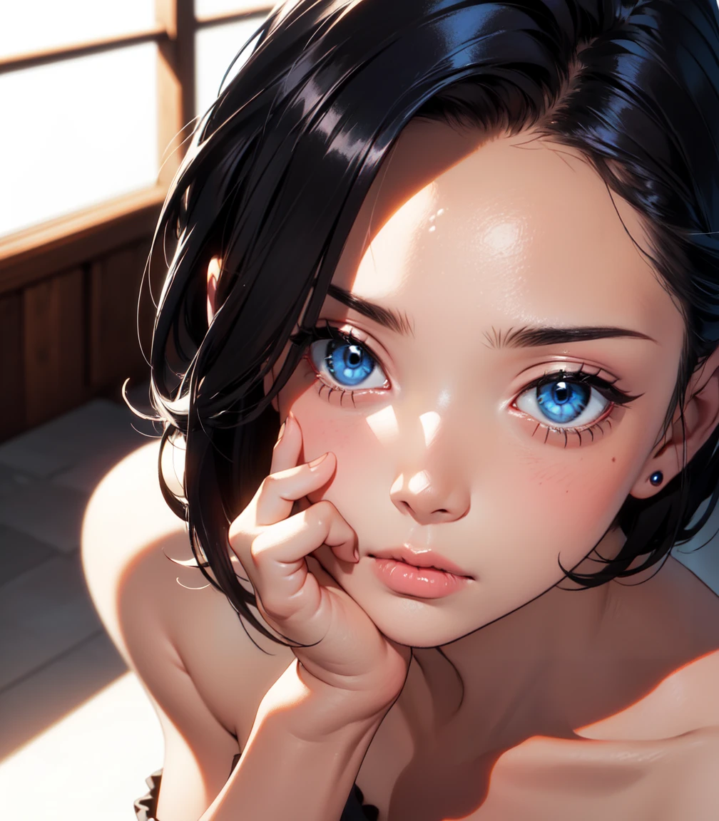 Masterpiece, best quality, 16k resolution, NVIDIA RTX Ray Tracing technology, Create a 4K resolution, ultra-realistic, and extremely detailed artwork, award winning, retina, soft light, sharp focus.(hyper-realistic:1.4) , (medium shot:1.5)

Rem from rezero, (remrin), cute, lustrous skin, enchanting gaze, blue hair, short hair, hair over one eye, blue eyes, white thighhighs, looking at viewer, strongly ashamed, embarrased, blushing, epic, cinematic, dramatic, reflective, shining, purple glow, big breasts, cleavage, sexy, modeling pose, turned

FULL BODY SHOT, ultra wide angle, textured skin, face detail, clean skin, perfect hands, perfect anatomy, anatomically correct