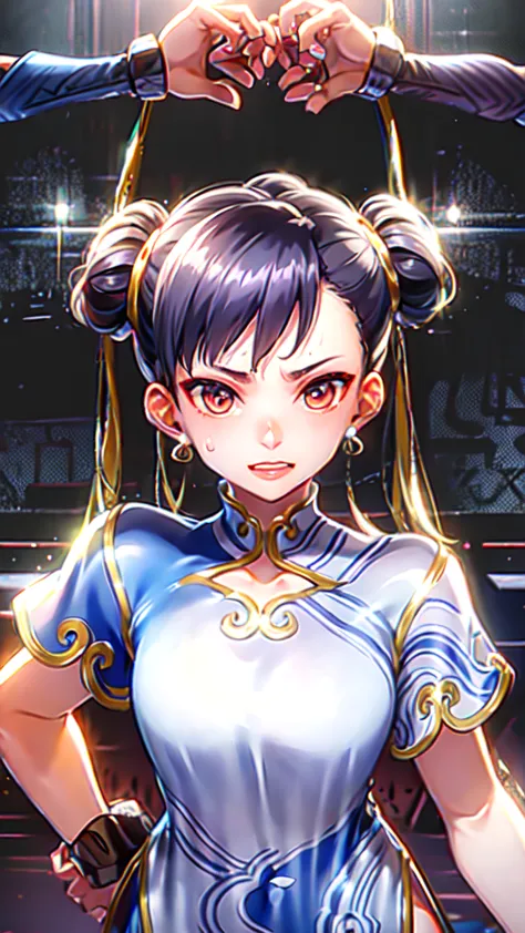 In a boxing ring, in a boxing outfit, heavily bruised on her body, sweat 