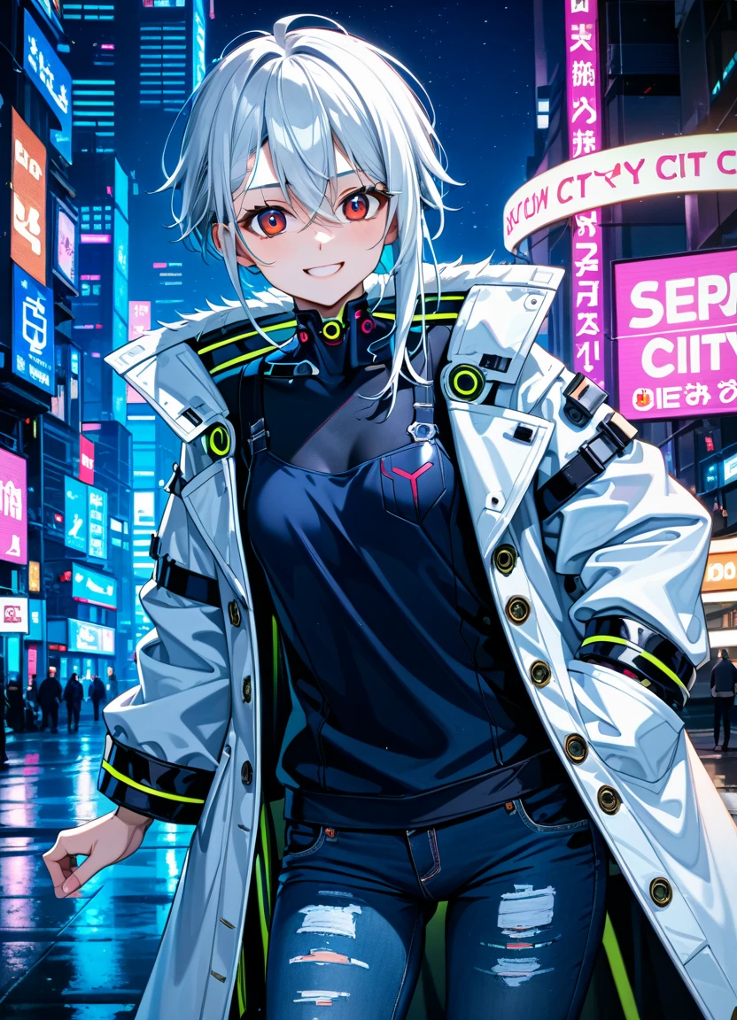 1girl, 15 years old, slim, small breasts, white hair, hairs between eyes, shoulder length hair, pale skin, bright red eye:1.3, white duffle coat and long-sleeve black sweater, open jacket, jeans, gold pocket watches hanging from the neck, BREAK kawaii, smile, cowboy shot, pose, (cyberpunk night city:1.3), neon light, (light particle:1.3), BREAK smooth skin, cinematic lighting, volumetric shadow, BREAK CG illustration, score_9, score_8_up, score_7_up, (masterpiece:1.2), (best quality:1.2), (very aesthetic:1.2), (absurdres:1.2), (detailed background), newest, (intricate:1.2), ai-generated, BREAK