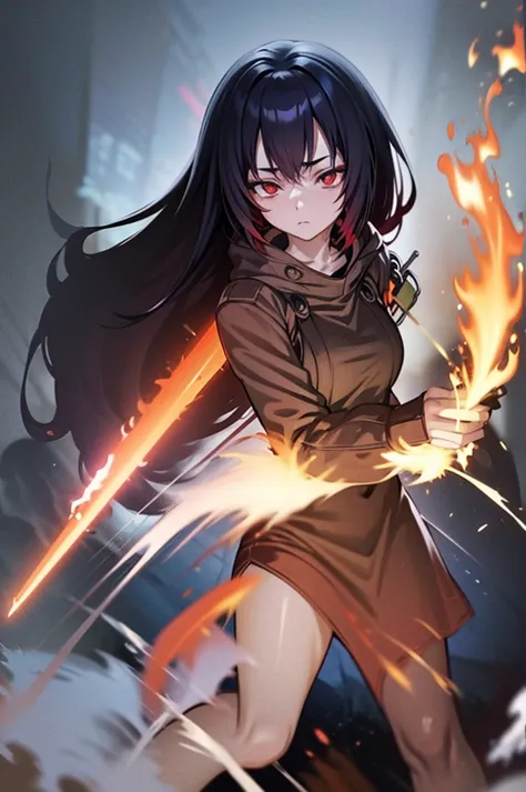 anime girl with red eyes and black hair holding a weapon in a swinging position, she has red glowing eyes, with glowing red eyes...