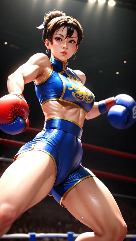 Chun li, In a boxing ring, in a boxing outfit, heavily bruised on her body, sweat 