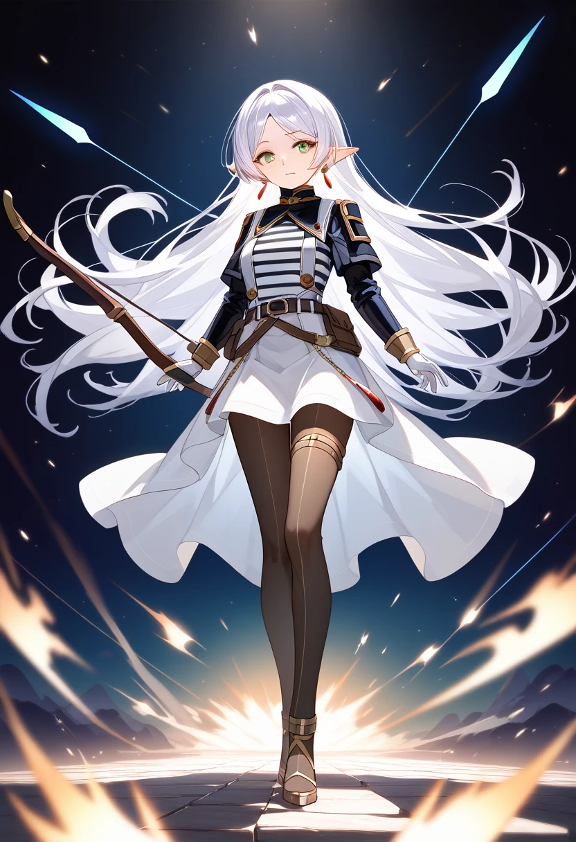 masterpiece, best quality, (Fraction_9, Fraction_8_Direction_7_up), 1 Girl, Solitary, Freeze Base, Green Eyes, White hair, Long hair, Double tail, earrings, White shawl, Striped shirt, black strips, Long sleeve, belt, White skirt, Black pantyhose, Looking at the audience, blue|Silver clothes, Stylish and unique. ((Display of weapons:1.4)), Bow and Arrow. (masterpiece:1.2), (best quality), 4K, Extremely detailed. (Step-by-step design, The Art of Layout:1.5), (Luminous lighting, Atmospheric lighting). Shooter, ((glove full hands)), (((Revealing clothes:1.3))), Arm armor, Armored Legs, (((full_Body_shooting:1.4))).