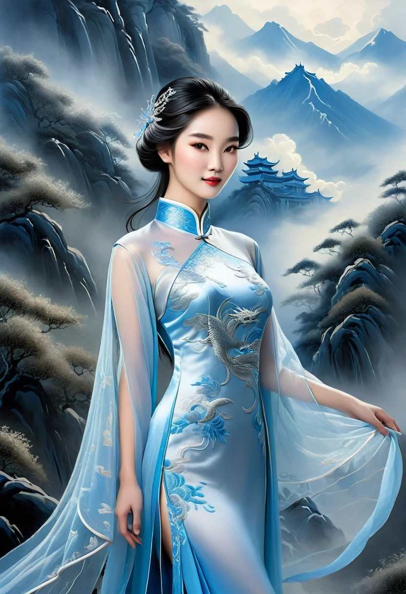 A radiant Chinese maiden, adorned in a shimmering qipao of celestial blue, embroidered with delicate silver threads depicting dragons soaring amidst clouds. The garment's graceful, flowing design skims her curves, accentuating her youthful vitality. The background is a misty mountain peak, shrouded in a veil of morning fog, conveying a sense of mystery and wonder. The composition is from a low angle, looking up at her as she stands triumphantly at the summit, a symbol of courage and ambition.
