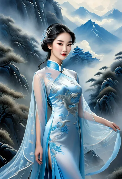 a radiant chinese maiden, adorned in a shimmering qipao of celestial blue, embroidered with delicate silver threads depicting dr...