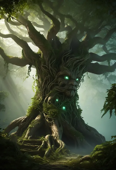 "a gigantic tree-like monster made of ancient wood and vines. its head is crowned with leaves that emit a green glow, and small ...