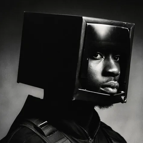 2 black men, dark, box head, close-up, portrait, huleebstyle, helmet, dark, monochrome, (simple:1.2),