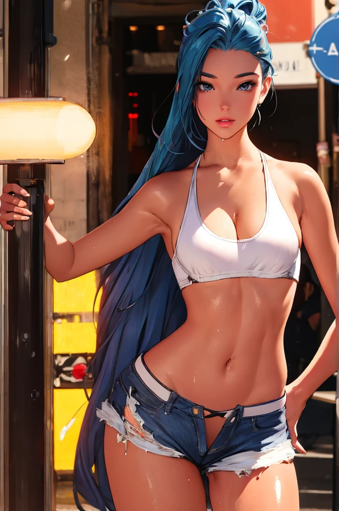 (best quality: 1.2), clean face, (masterpiece: 1.2, 8k)(PureErosFace_V1: 0.7), perfect anatomy, 1girl,a beautiful fashion model ,(masterpiece, official art, best quality) (wet skin, shiny skin) ,long and shiny hair, blue hair with streaks in hair, long hair, full lips, upturned nose , big breasts, looking at viewer, revealing outfit, absurdity, intricate details, , dynamic pose, club, dancing, , cinematic lighting, (highly detailed skin: 1.2), wearing
 short shorts and a tight white top, cleavage, torn clothes, visible thong straps