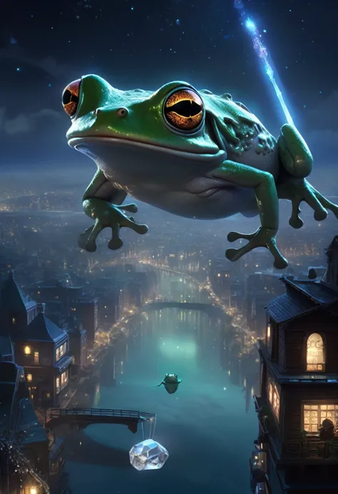 "a gigantic frog with a glowing, transparent crystal embedded in its back. its eyes sparkle with countless stars, and it breathe...