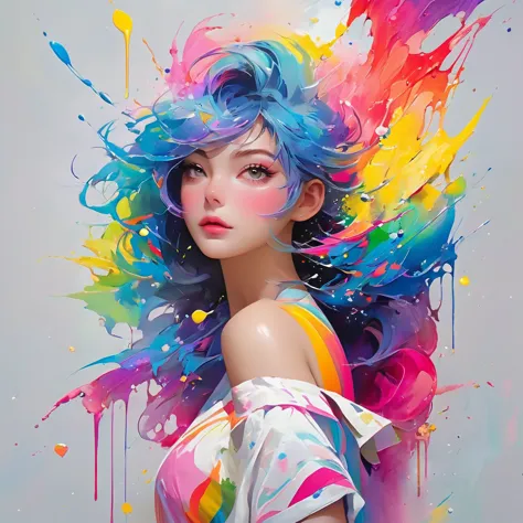 （pink fashion t-shirt：1.9），(colorfulな髪: 1.8), (all the colors of the rainbow: 1.8),(((((vertical painting：1.6))), （painting：1.6）...