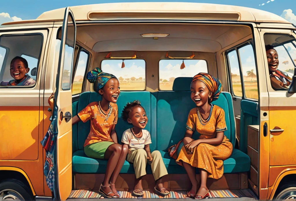 A family in a van, the father is driving, mother sits in the front while two children a girl and a boy sits at the back, excited, laughing. Inside a van. (African) (masterpiece best quality:1.2) delicate illustration ultra-detailed, detailed background, illustrations, bright, colourful, 