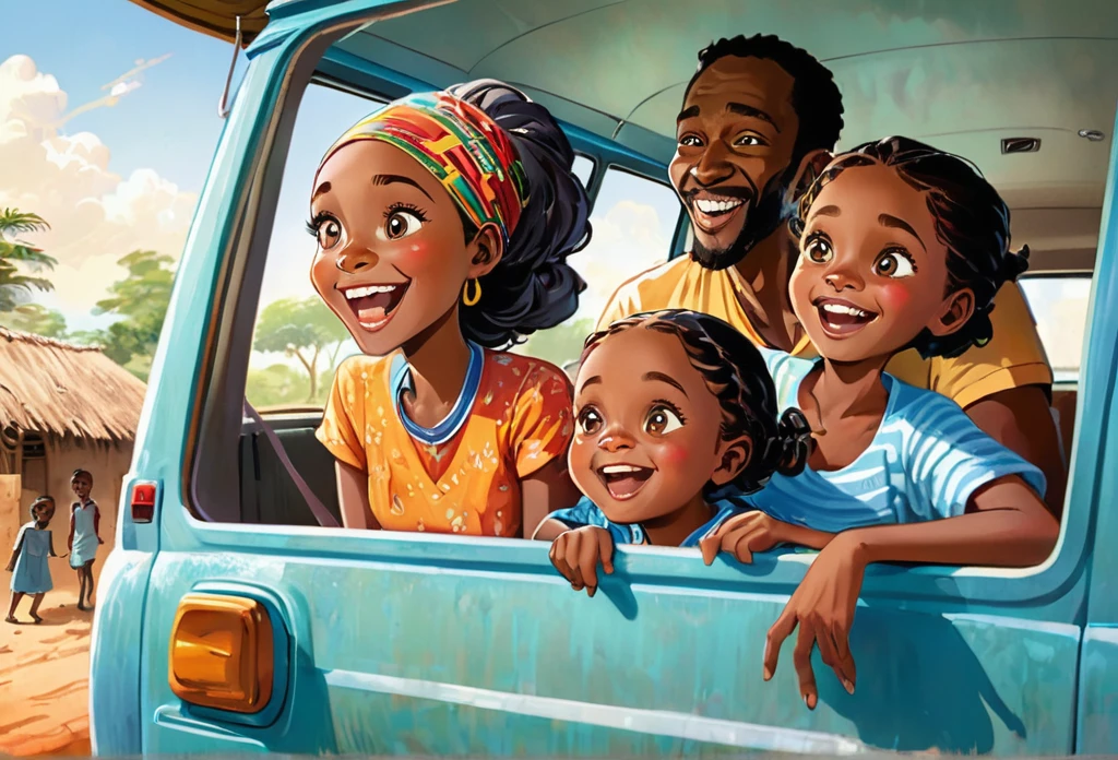 A family in a van, the father is driving, mother sits in the front while two children a girl and a boy sits at the back, excited, laughing. Inside a van. (African) (masterpiece best quality:1.2) delicate illustration ultra-detailed, detailed background, illustrations, bright, colourful, 