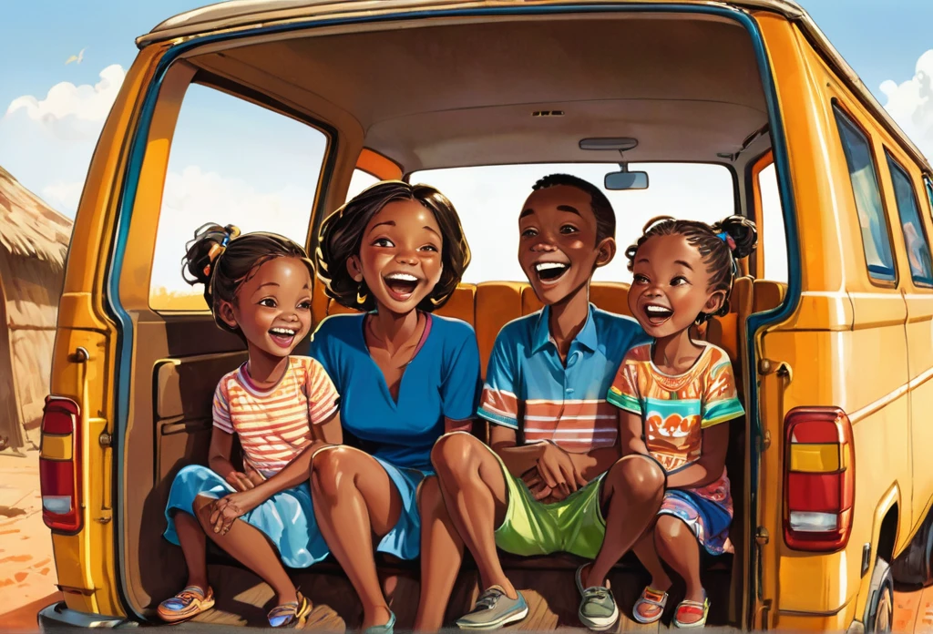 A family in a van, the father is driving, mother sits in the front while two children a girl and a boy sits at the back, excited, laughing. Inside a van. (African) (masterpiece best quality:1.2) delicate illustration ultra-detailed, detailed background, illustrations, bright, colourful, 