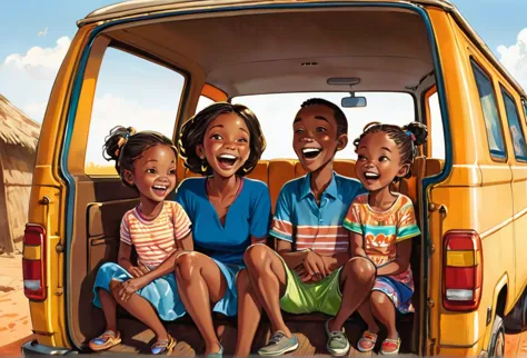 A family in a van, the father is driving, mother sits in the front while two children a girl and a boy sits at the back, excited...