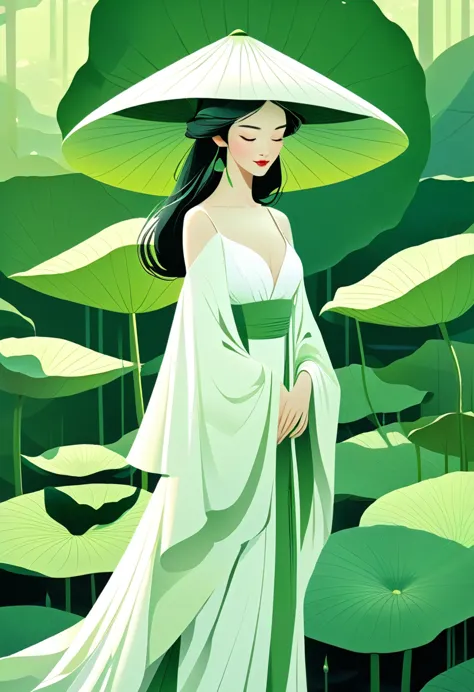 a serene woman, dressed in a flowing white gown and adorned with a wide-brimmed hat, stands gracefully atop a colossal green lot...