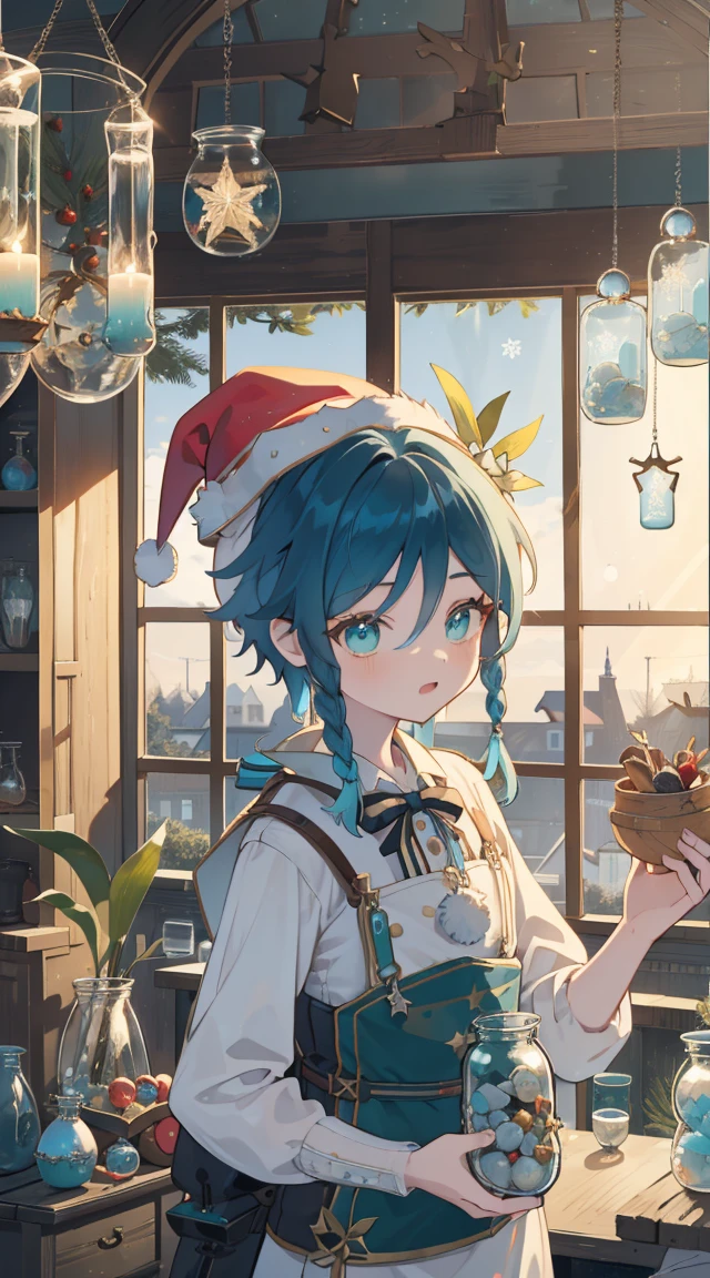 （（（（（（inside jar））））））、A boy with、Wendi (genshin impact),brunette color hair, Blue hair and green eyes, ((((Packed in jars))))、adolable、small, Christmas atmosphere,, santa hat, Sweets and snacks, gifts, A piece of,