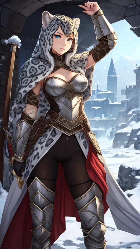 snow leopard girl, in sexy armor, assassin, medium breasts