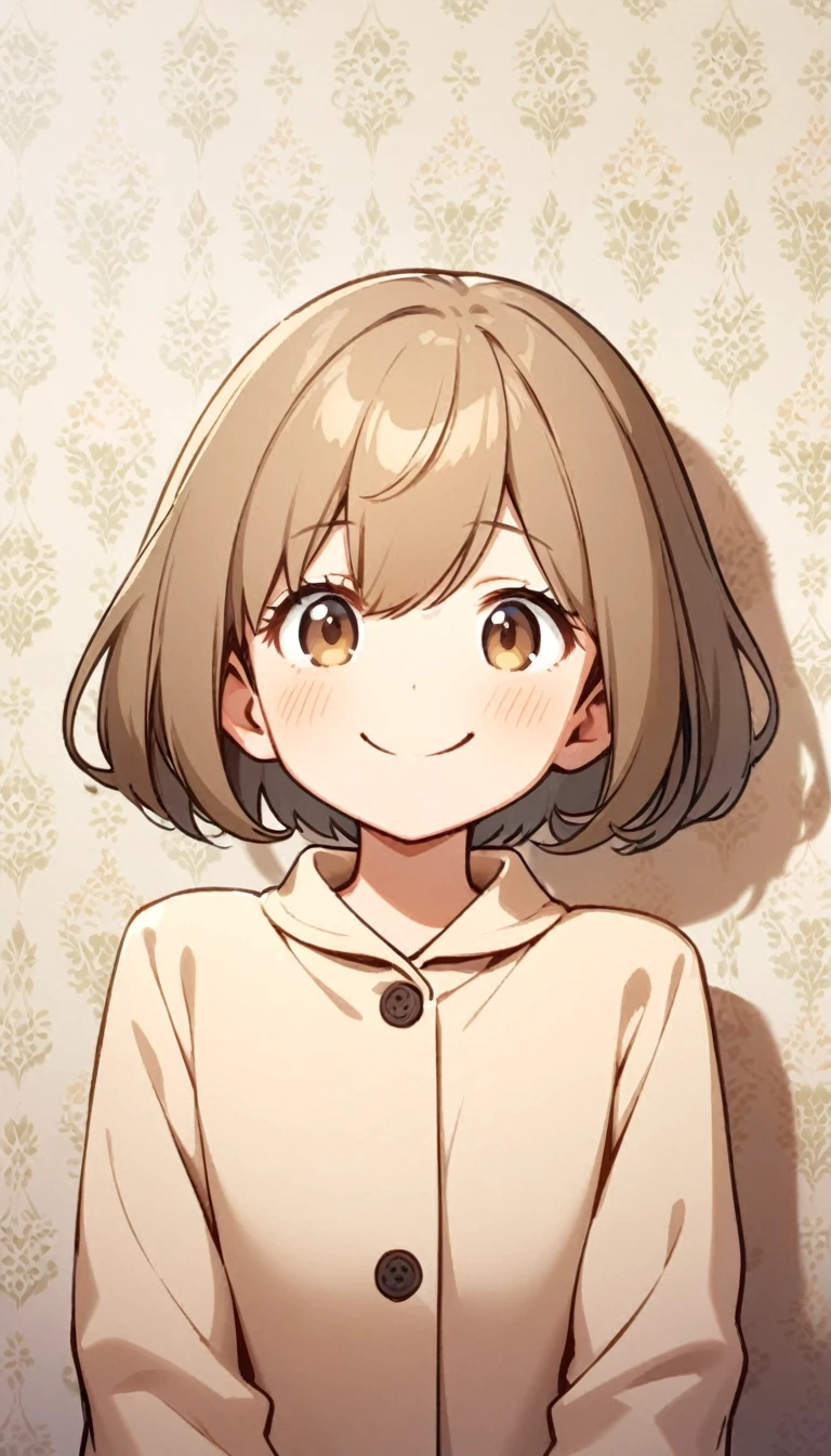 one person，Brown hair，Big sister，Beige coat，Lazy，Smile，Half Body，one person，Natural facial expression，one person，short hair，wallpaper，There is only one person in the picture