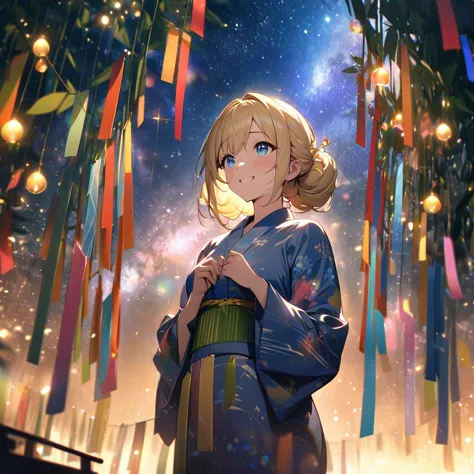 Top quality, masterpiece, Wishing Girl,Blonde,blue eyes,Double Exposure, best smile, looking up at the sky, yukata, Milky Way, n...