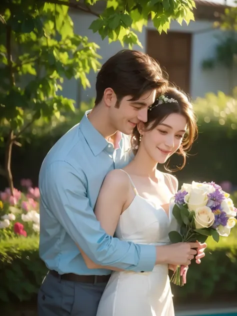 A man hugging a woman in the garden，25 years old，Beautiful face，Smile and look at the camera，wedding，Colorful flowers，Pool
