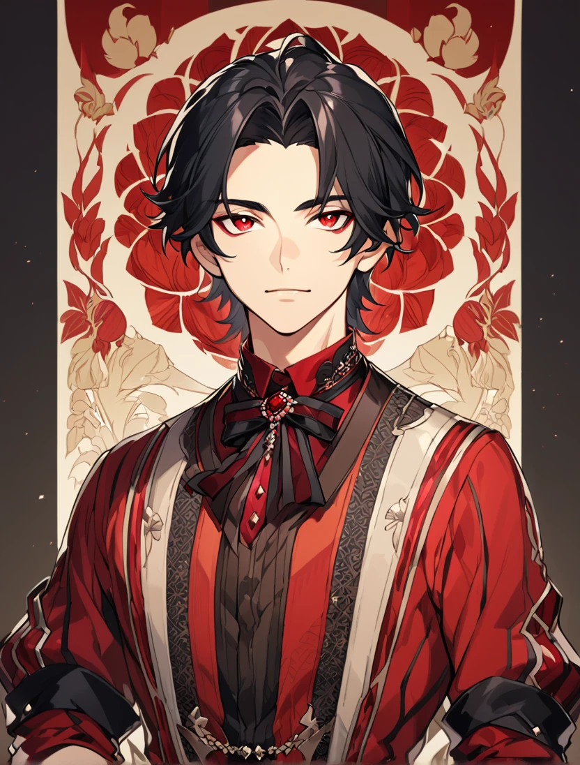 (Black_Hair), (red_ruby_eyes), (Handsome), (attractive), (male), (detailed_eyes), (detailed_hair), (clean_hair),  (vertical_pupils), (jawline), (wears_old_fashioned_outfit), (in_his_late_teens), (short_hair)